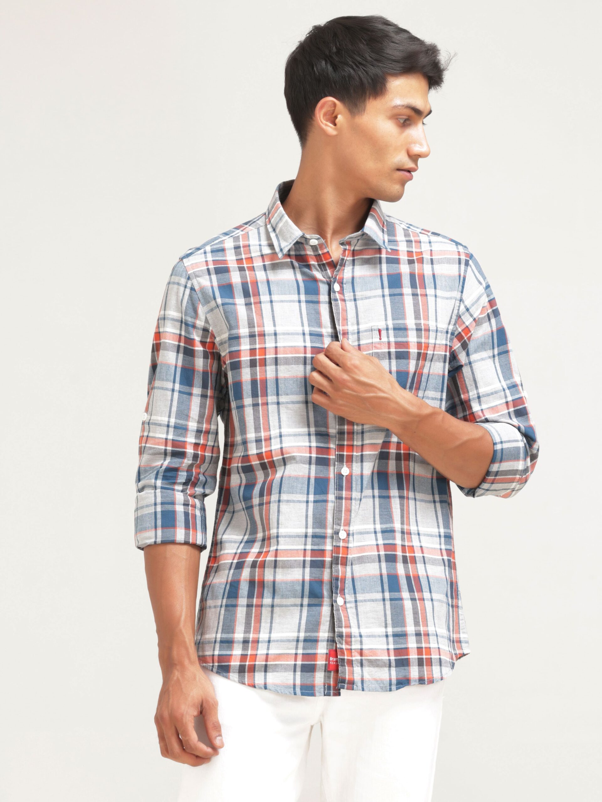 Full-Sleeve Grey/Orange Shirt Regular Fit