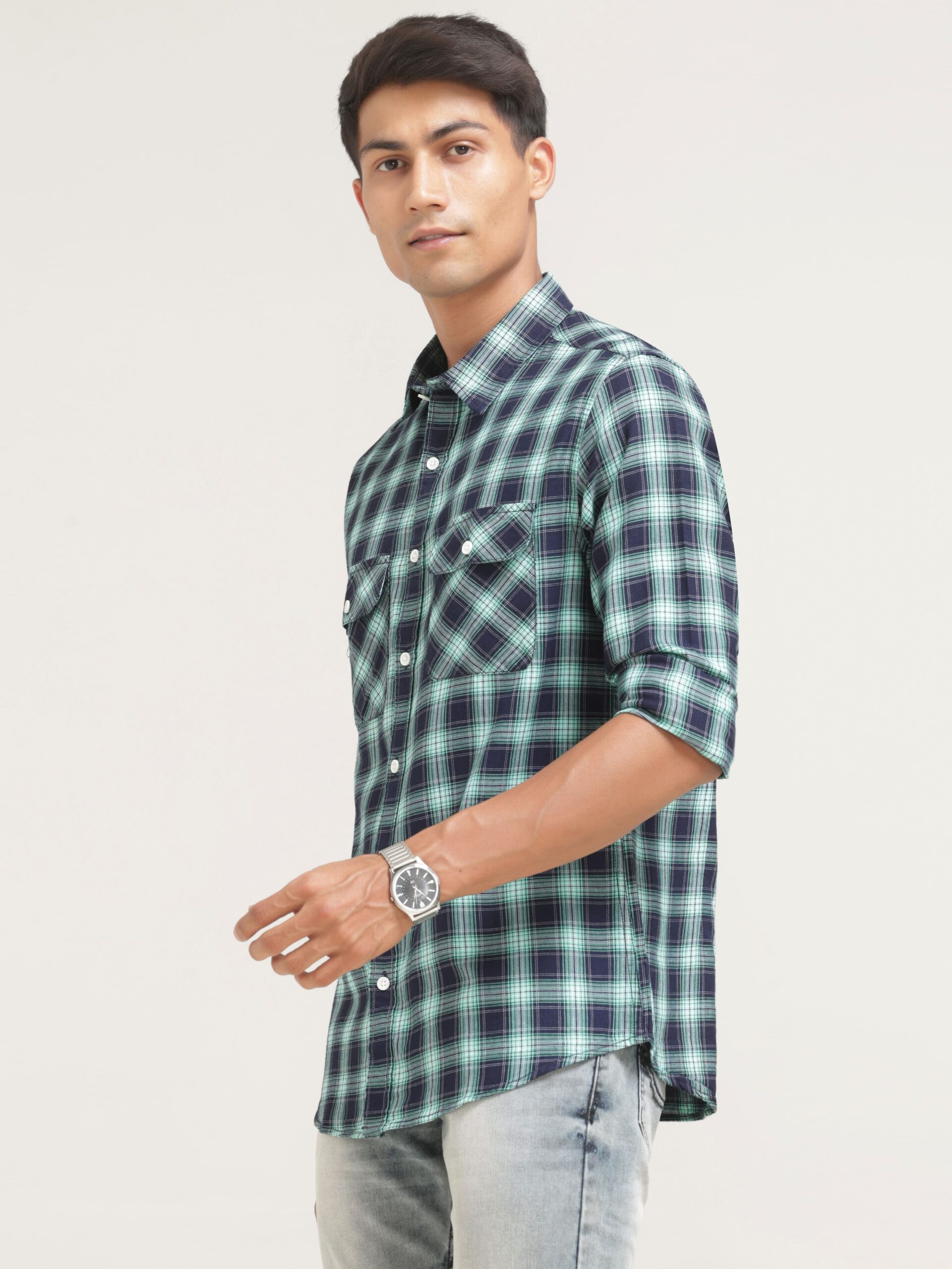Full-Sleeve Navy/Green Shirt Regular Fit