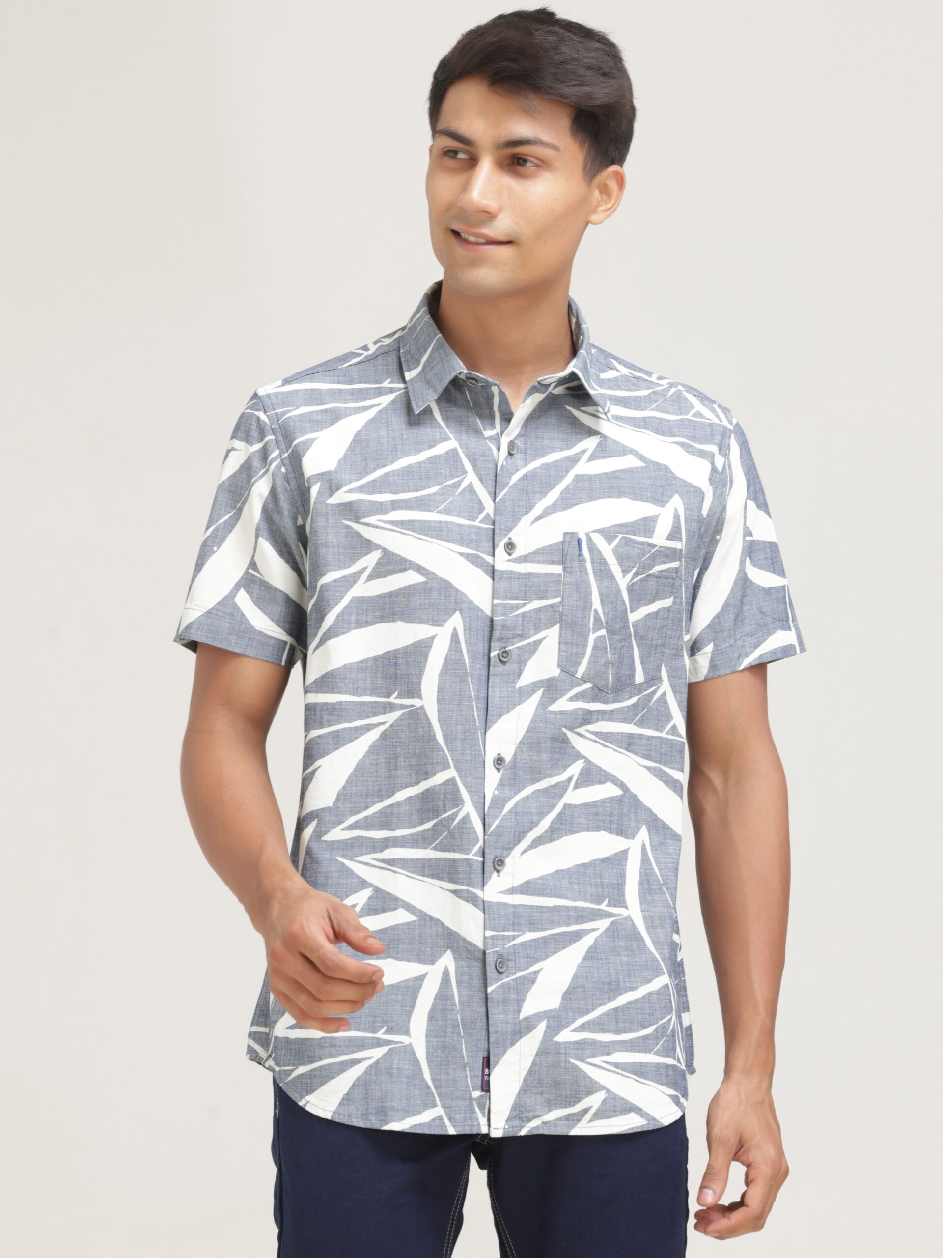 Half-Sleeve Leaf Print Blue Shirt Regular Fit